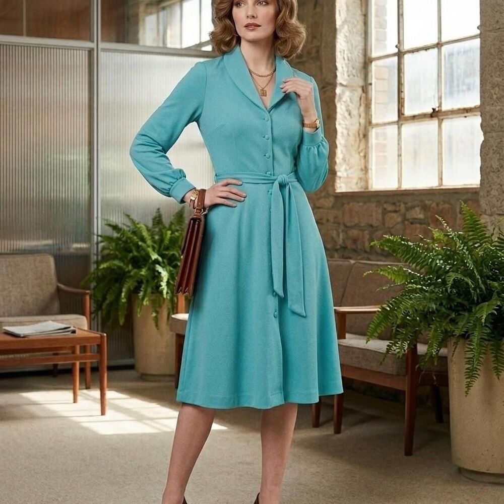 Vtg 70s R&K Turquoise Knit Midi Dress chic usa made vibes business retro party